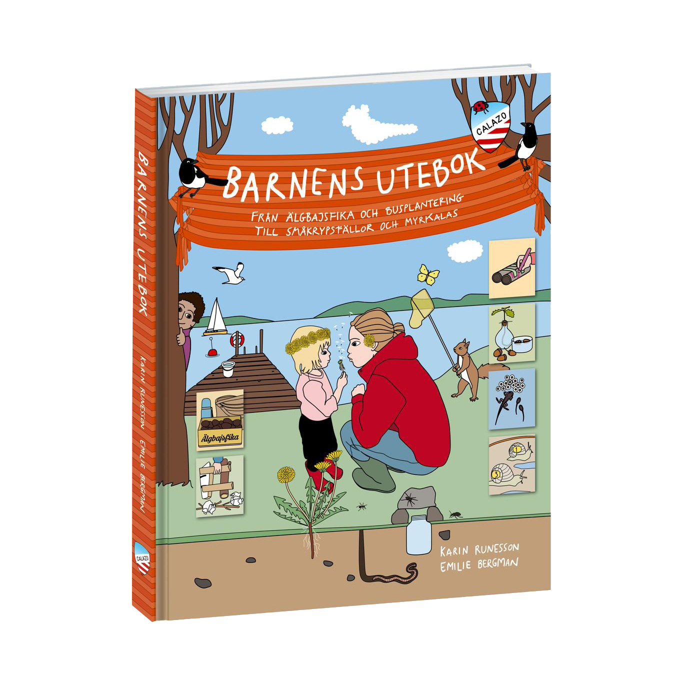 Barnens utebok, inbunden barnbok med orange rygg och färgstark illustration av barn, djur och natur på omslaget.