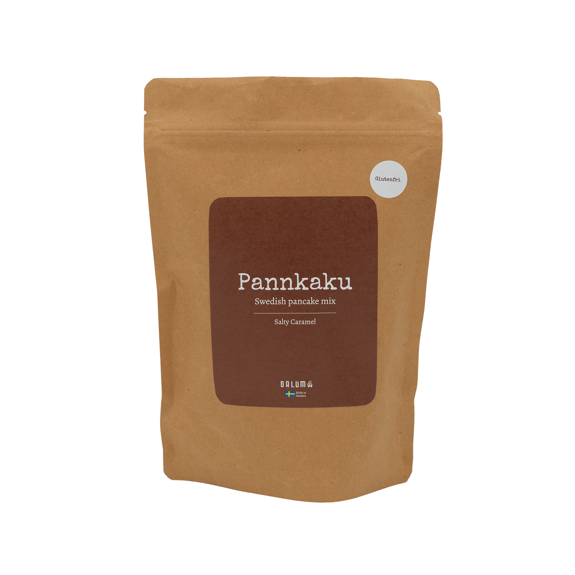 Pannkaksmix i brun papperspåse med mörkbrun etikett, märkt Pannkaku Salty Caramel och glutenfri.
