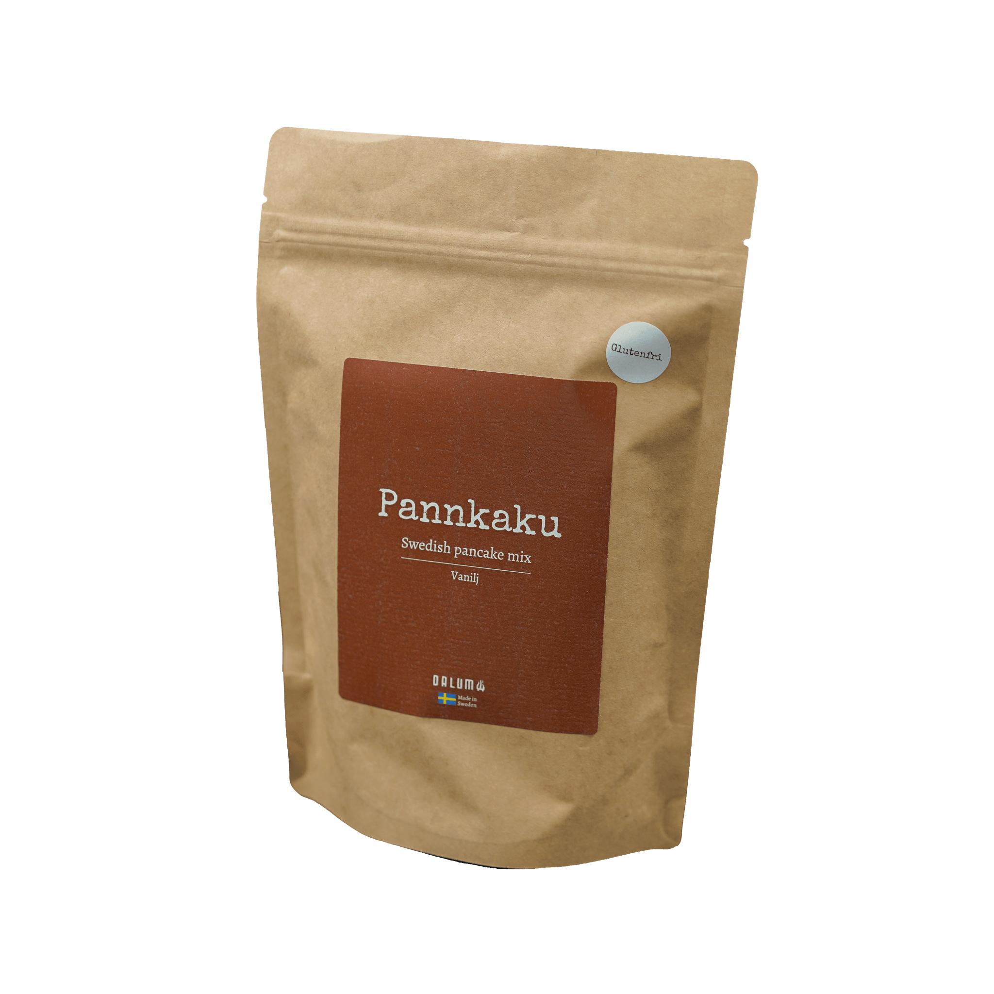Förpackning med Pannkaku Vanilj, brun kraftpapperspåse med rödbrun etikett och återförslutbar förslutning.