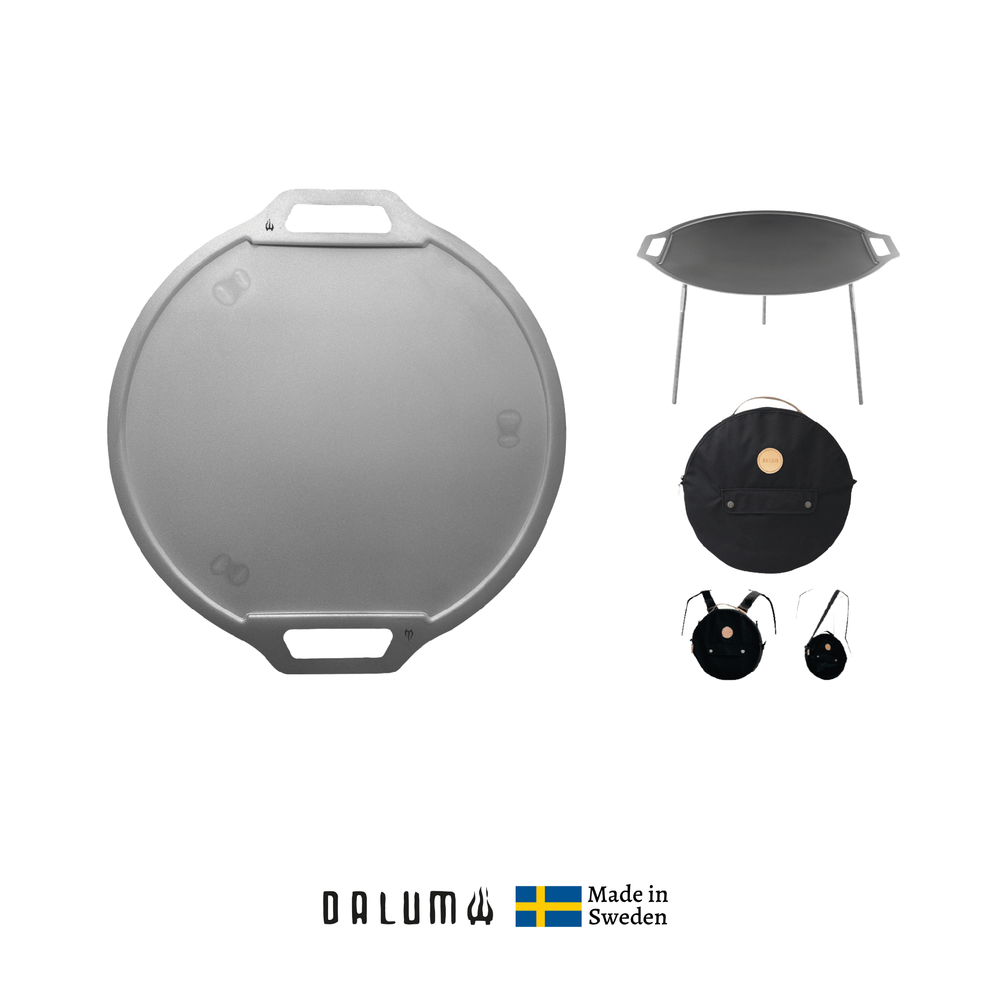 Stekhäll Jälda carry kit med grå stekhäll i kolstål, avtagbara ben och svart rund transportväska med bärremmar.