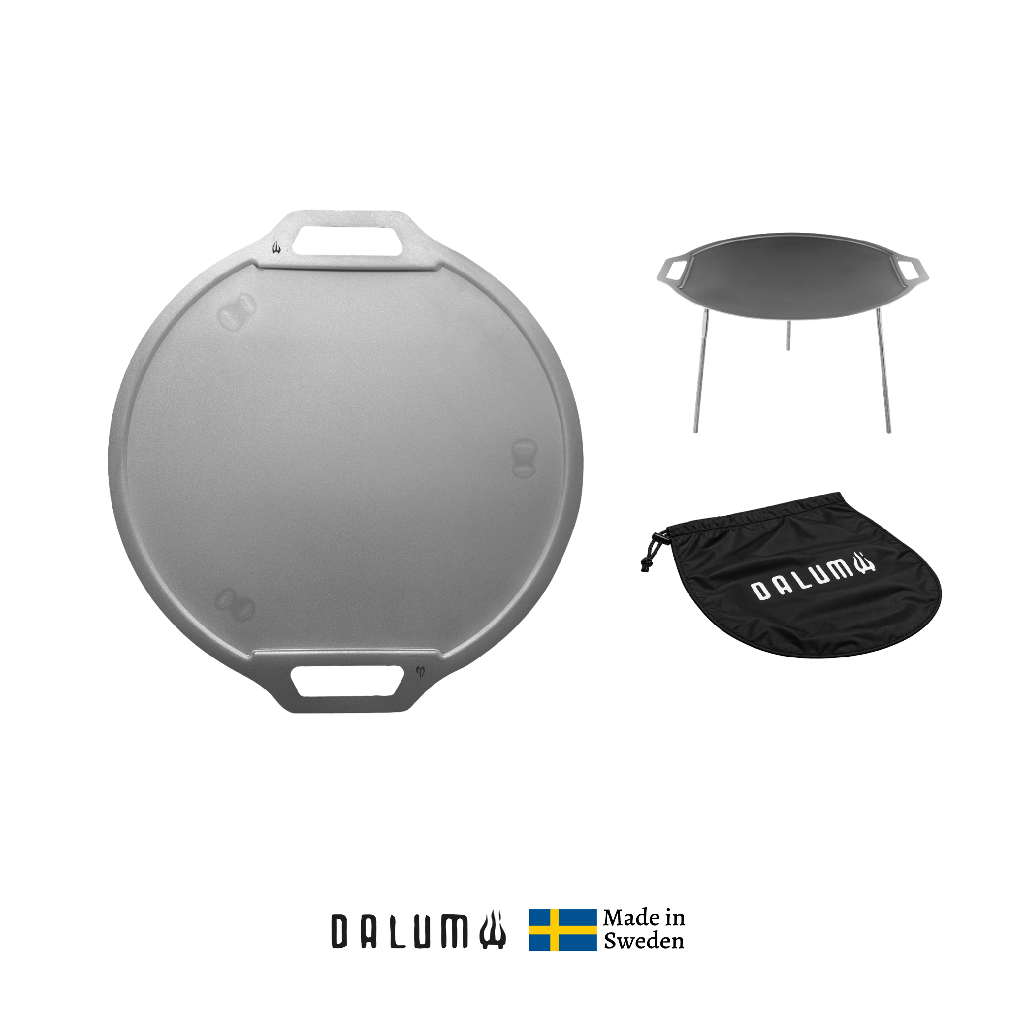 Dalum stekhäll i silverfärgat kolstål med rund, skålformad stekyta, tre ben och svart förvaringspåse.