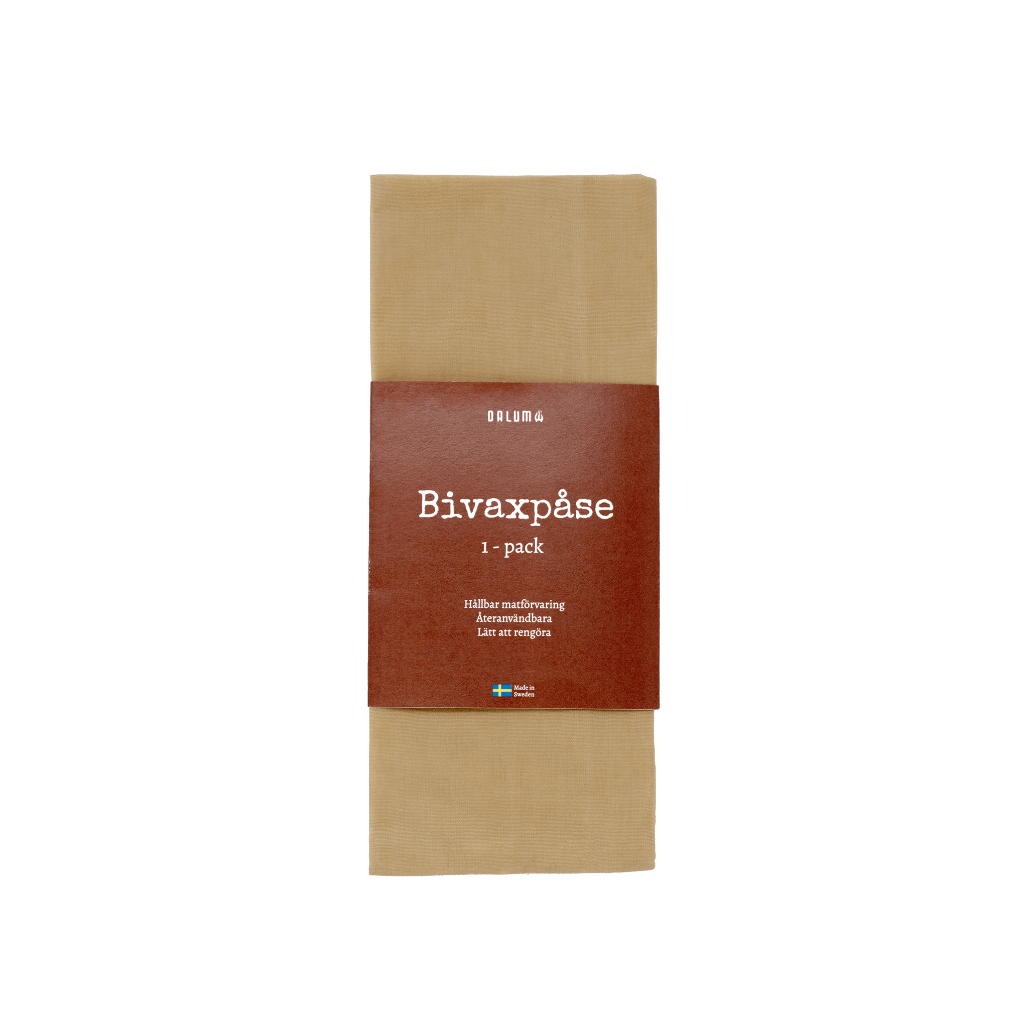Bivaxpåse i naturfärgat tyg med mörkbrun pappersetikett, vit text och svensk flagga; förpackning med ett stycke.